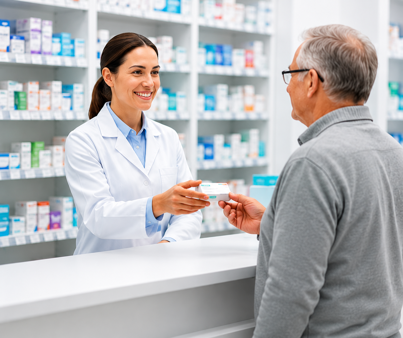 Pharmacist handing medication to a patient at RAC Nepal